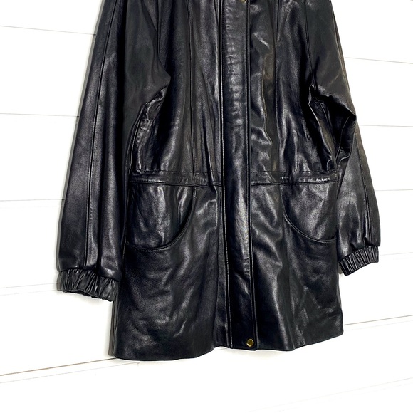 Vintage Genuine Lambskin Leather Black Parka w/ Fox Fur Trimmed Removable Hood - Picture 8 of 15